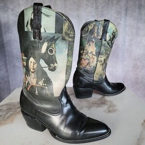Native American Western Horse Art Cowboy Boots Men's Size 7 Black